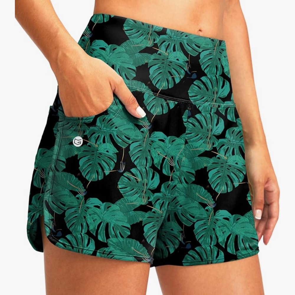 Green Leaf Print High Waist Women's 3” Swim Board Shorts w/liner